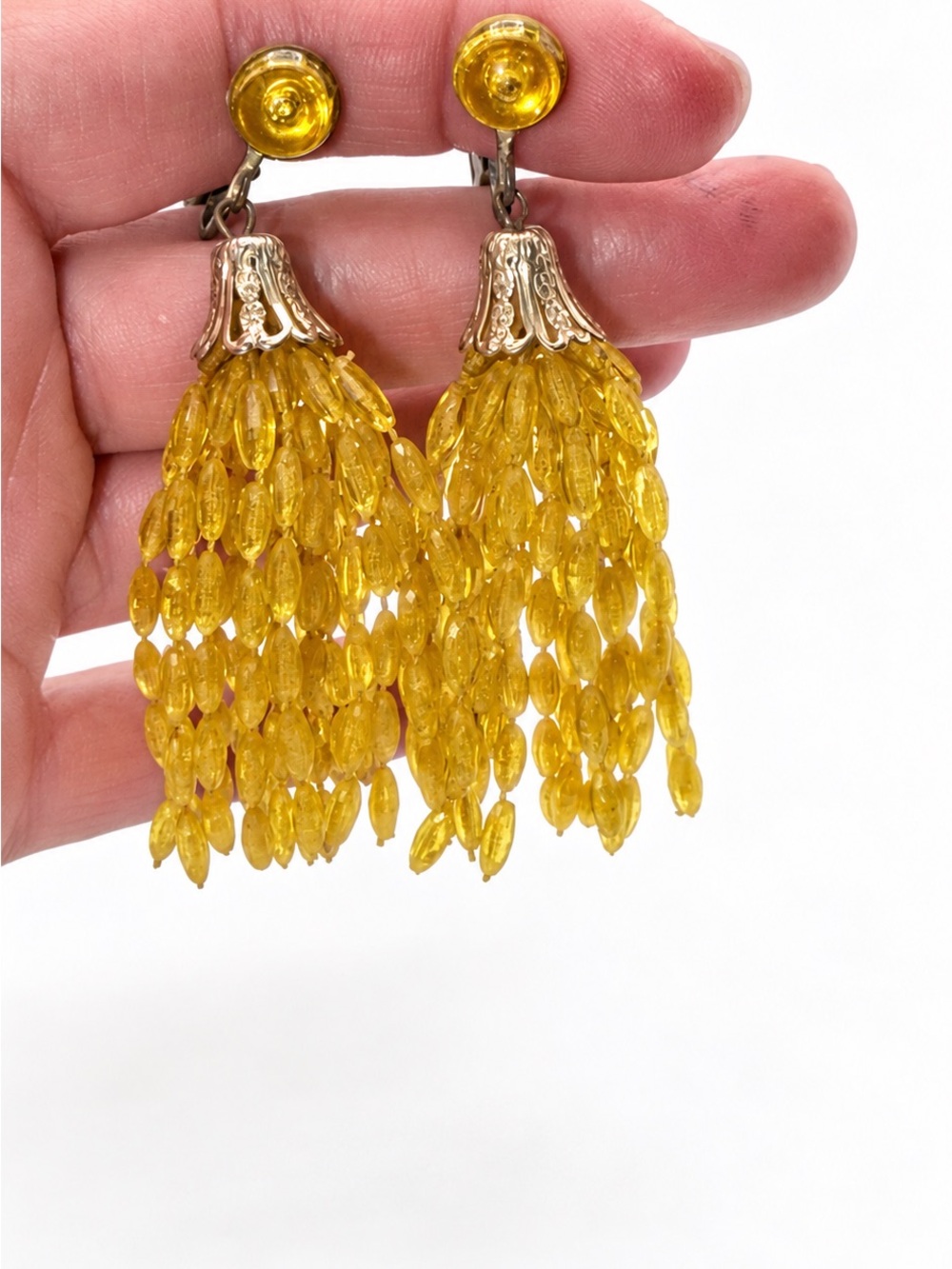 Vintage Yellow Beaded Fringe Clip-On Earrings, Gold-Tone Statement Dangles